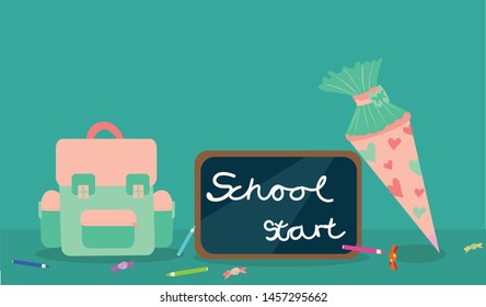 Flat design School bag vector illustration with blackboard saying: school start, pink school conret decorated with hearts, messy pencils and candies are spread over the table on blue-green background