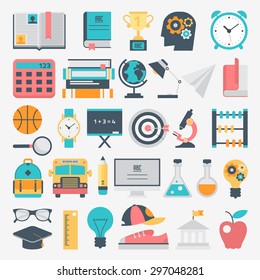 Flat design school and education icon set