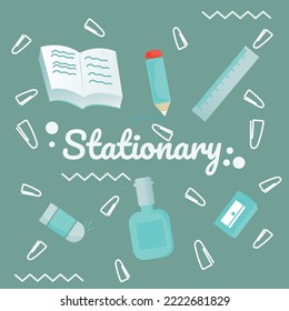 Flat design of school supplies. book, eraser, pencil sharpener, ruler , paper clips vector illustration