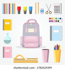 Flat design of school supplies. Calculator, eraser, pens, scissors, ruler, notebook, backpack, cup,  watercolor. school supplies set