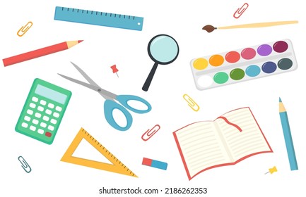 Flat design of school supplies. Calculator, magnifier, eraser, pens, brush, scissors, ruler, notebook, backpack, globe, watercolor.