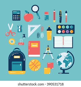 Flat design of school supplies. Calculator, apple, magnifier, eraser, pens, brush, scissors, ruler, notebook, backpack, globe, watercolor.