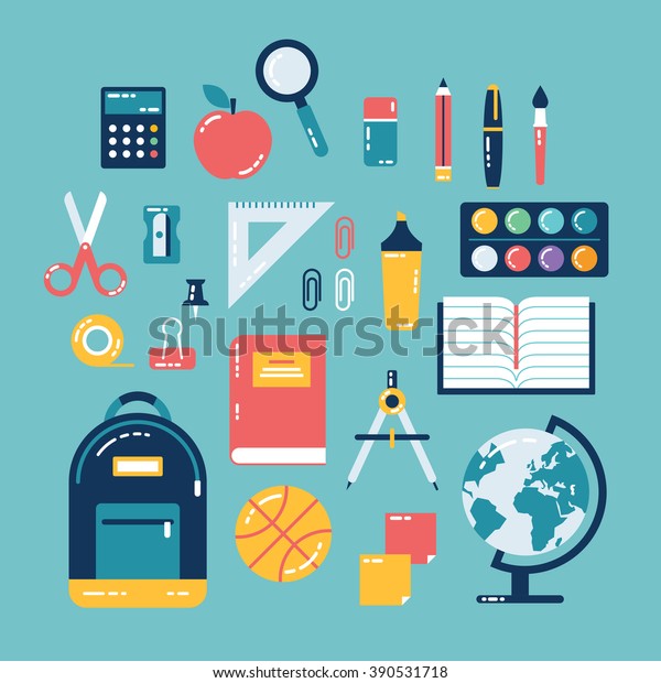 Flat design of school supplies. Calculator,\
apple, magnifier, eraser, pens, brush, scissors, ruler, notebook,\
backpack, globe,\
watercolor.