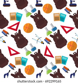 Flat design of school supplies education office accessories tools learning vector illustration backpack globe seamless pattern. Back to school.