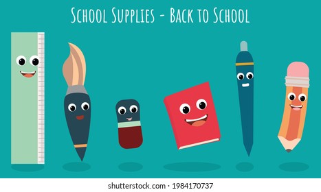 Flat design of school supplies. ruler, brush, eraser, book, pen, pencil.