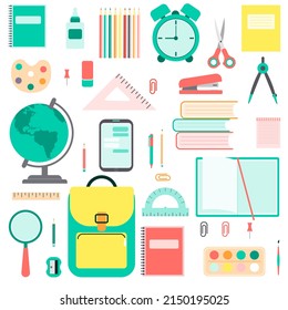 Flat design of school  tools, supplies, stationery . Set of colored icons, pictograms. Pen, globe, backpack, ruler, book, brush, pencil and other items. Vector illustration isolated on white