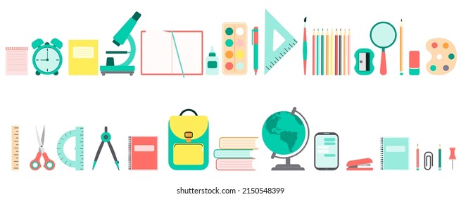 Flat design of school tools, supplies, stationery . Set of colored icons, pictograms. Pen, globe, backpack, ruler, book, brush, pencil and other items. Vector illustration isolated on white
