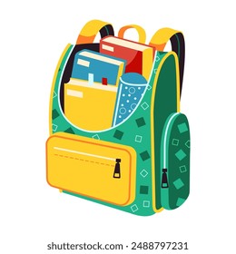 Flat design schoolbag with learning materials on white background. Simplistic yet effective illustration in simple style ideal for educational resources