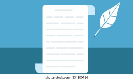 Flat design scroll roll of white sheet paper with letter text decoration. Quill feather ink pen writing stationery. Isolated poetry icon objects ,signs and symbol.