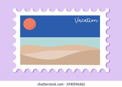 Flat design of sea view in stamp. Vacation need.