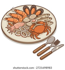 Flat Design Seafood Platter with Crab Shrimp Squid and Clams
