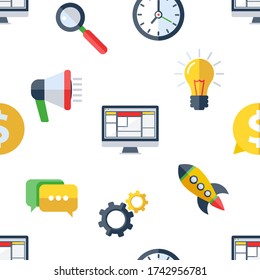 Flat design seamless pattern for web design, SEO development, services, programming and marketing applications.