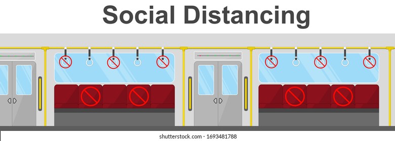 Flat design seat and handrail inside train or subway. Keep distance for Social Distancing concept for Coronavirus 2019 disease (COVID-19). Use for Graphic, Vector illustrations, ad, artwork, template.