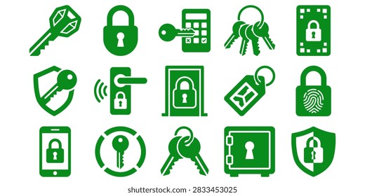 Flat design security symbols including locks keys and safes