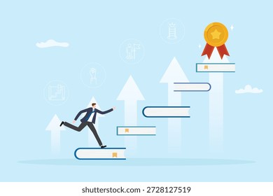 Flaches Design der Selbstverbesserung und Selbstliebe Konzept. Ein Mann, der Bücher in Richtung Erfolg klettert und persönliches Wachstum, Lernen, Motivation, Mentalität und das Erreichen von Lebenszielen symbolisiert.