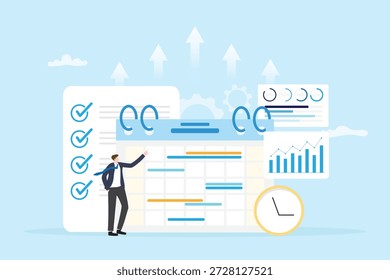 Flaches Design von Selbstverbesserung und Selbstliebe durch Zeitmanagement. Ein Planungsprogramm mit Kalender, Diagrammen und Checkliste, die Produktivität, persönliches Wachstum und Zielerreichung symbolisieren.