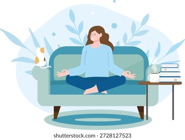 Flaches Design der Selbstverbesserung und Selbstliebe Konzept. Eine Frau Meditation in gemütlichen Raum, symbolisiert persönliches Wachstum, psychische Gesundheit, Work Life Balance, Mindset Entwicklung und das Erreichen von Lebenszielen.