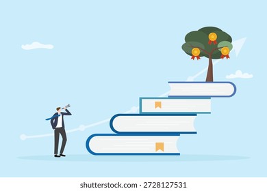 Design plano de autoaperfeiçoamento e conceito de amor próprio. Um homem escalando livros em direção ao sucesso, simbolizando o crescimento pessoal, a aprendizagem, a motivação, o desenvolvimento da mentalidade e a realização de objetivos de vida.