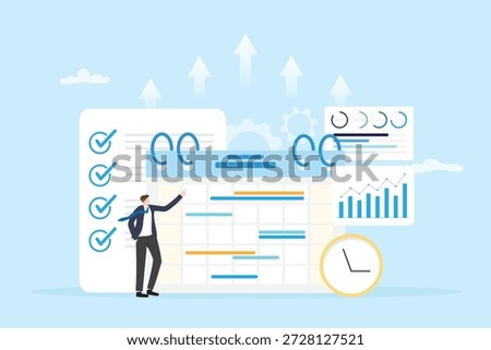 Flat design of self improvement and self love through time management. A man planning schedule with calendar, charts and checklist, symbolizing productivity, personal growth and goal achievement.