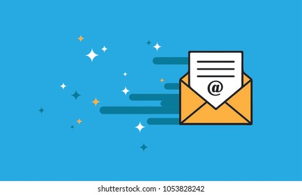 Flat design of sending mail icon. Marketing e-mail concept. Color flying envelopes with letter. Vector illustration.