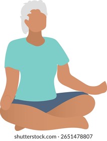 Flat design of a senior woman practicing meditation in a cross-legged yoga pose, promoting inner peace and mindfulness.