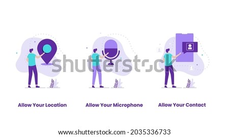 Flat design set of Allow location,  microphone, contact. Illustrations for websites, landing pages, mobile apps, posters and banners