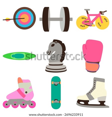 flat design set of archery target, dumbbell, road bike, kayak, chess knight, boxing glove, inline skate, skate board, ice skate
