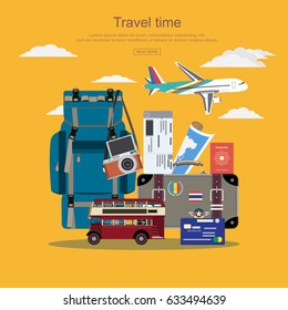 Flat design .Set of banners on the theme summer travel, adventure, vacation. Traveling by plane and bus with map, passport, tickets and photo camera. vector illustration.