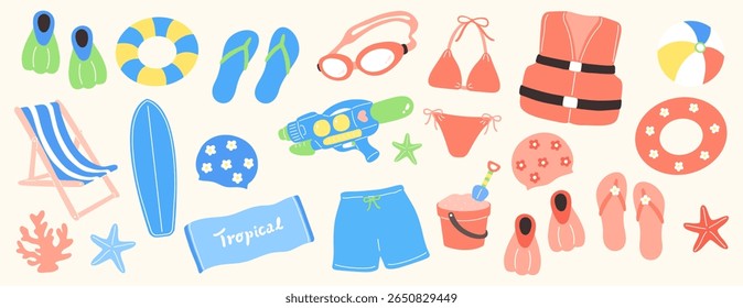 Flat Design Set of Beach Accessories for Summer Vacation