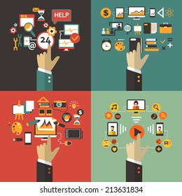  Flat design. Set  of business concept with hands.