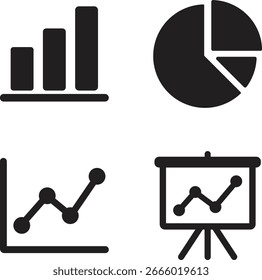 Flat design set of business and data analytics icons including bar chart, pie chart, line graph, and presentation board, perfect for statistics, reports, and vector illustration projects.