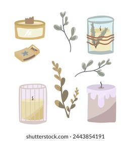 Conjunto de diseño plano con velas y ramas