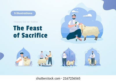 Flat design set of celebrate Eid al-Adha with the feast of sacrifice Islamic tradition concept