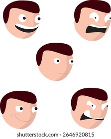 Flat design set of character facial expressions: happy, scared, relax, angry and neutral.