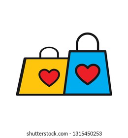 Flat design set of colorful shopping Bags with heart. Vector illustration