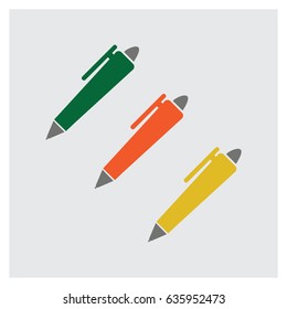 Flat design set of different colorful pens isolated on white background. Accessories for school, office, job, work. Vector illustration.