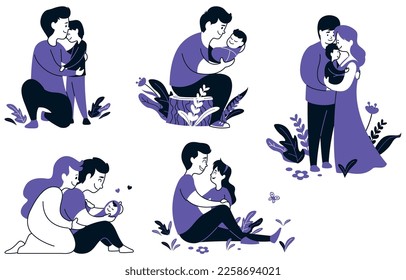 Flat design set with father in different situations.