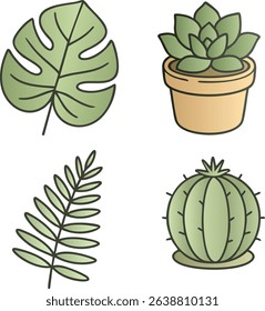 Flat design set featuring a monstera leaf, potted succulent, fern frond, and round cactus in muted green shades.