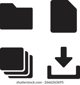Conjunto de diseño plano de iconos de administración de archivos que incluyen carpetas, documentos, múltiples archivos y símbolos de Descarga, perfecto para almacenamiento, organización de datos y proyectos de Ilustración vectorial.