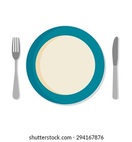 Flat Design Set With A Fork, Knife And Dinner Plate, Isolated On A White Background.