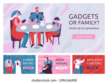 Flat design set of four horizontal banners with dependent on gadgets people with smartphones isolated vector illustration