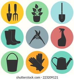 Flat design set of gardening tool icons isolated on white background.