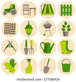 Flat design set of gardening tool icons isolated on white background.