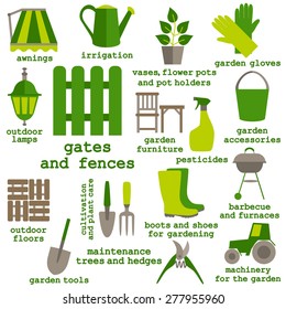 Flat design set of gardening tool icons isolated on white background.