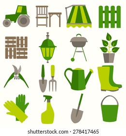 Flat design set of gardening tool icons isolated on white background.
