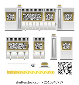 Flaches Design-Set von Gate Concept.Showing Set von Wand, Tor, Tür und Ornament auf diesem Design-Konzept zu dekorieren. Kann für Animation, Zeichnen von Hintergrund und architektonische Nutzung verwendet werden