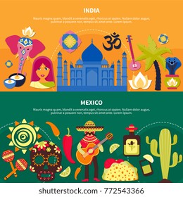 Flat design set of horizontal travelling banners with indian and mexican culture symbols isolated vector illustration