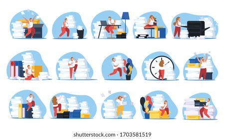 Conjunto plano de iconos con personas cansadas de trabajo de papel aisladas en ilustración vectorial de fondo blanco