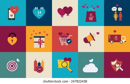 Flat design set for icons for Valentines day, wedding, love and romantic events. Vector illustration