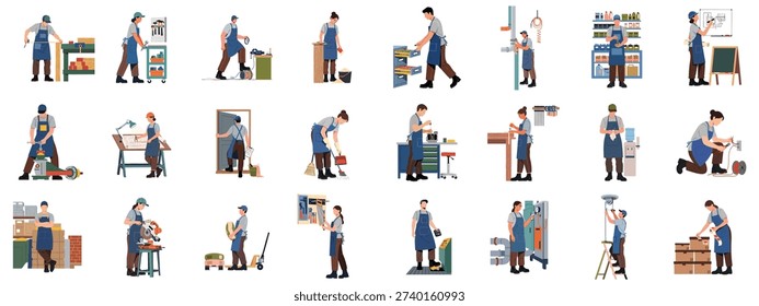 Flat design set illustrating essential blue-collar workers performing skilled labor tasks in various fields like construction, mechanics, maintenance, and logistics.